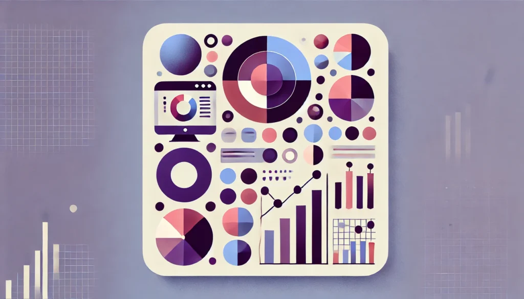 Abstract data visualization featuring various pie charts, circular graphs, and bar charts in pastel pink, purple, and blue, symbolizing analytics and statistics.