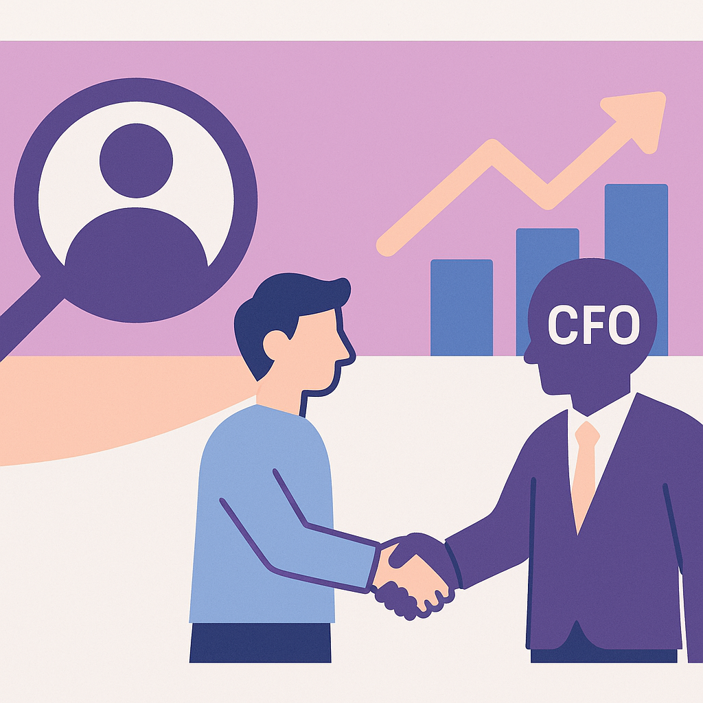 Minimalist illustration of a founder shaking hands with a CFO, framed by a magnifying glass and rising bar-chart arrow, depicting the vetting and profitable partnership of hiring a Fractional CFO.