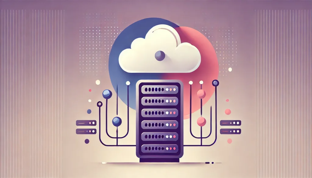 3D pastel illustration of a cloud icon above a central server rack with connected nodes, representing cloud-based hosting and data management solutions.