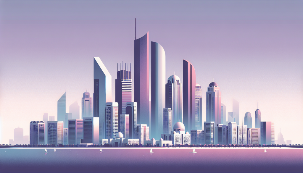 Futuristic city skyline at dusk with sailboats on water, featuring modern skyscrapers and soft pastel colors.