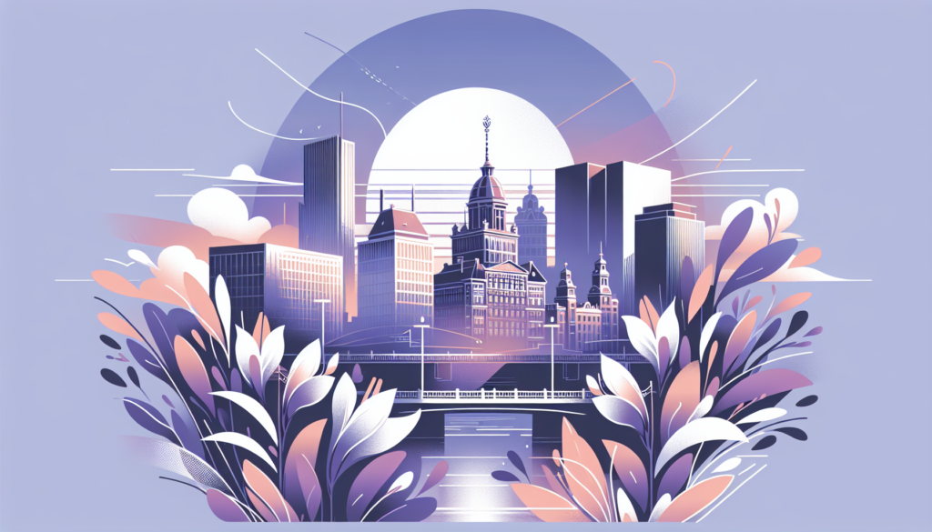 Futuristic city skyline illustration with modern architecture and artistic floral elements.