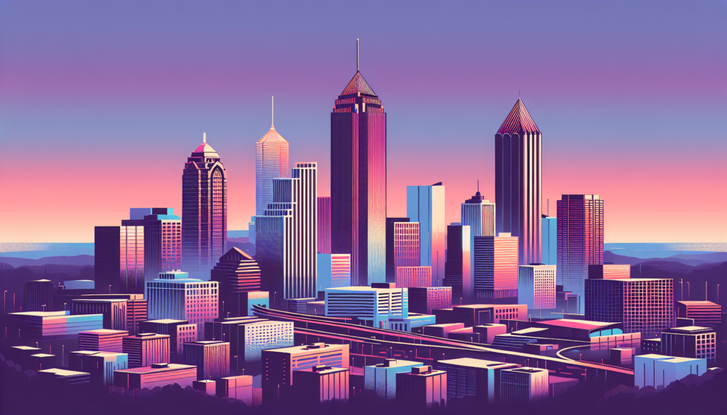 Futuristic city skyline illustration with vibrant sunset hues and modern skyscrapers.