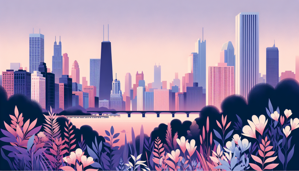 Colorful illustration of a city skyline at sunset with vibrant foliage in the foreground.